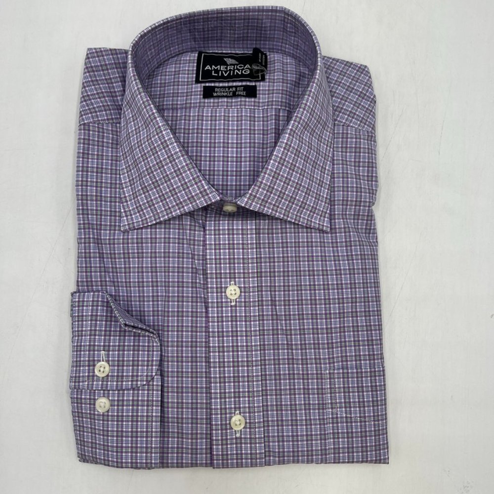 American Living Wrinkle Free Button Up Dress Shirt Purple & White Plaid 14.5